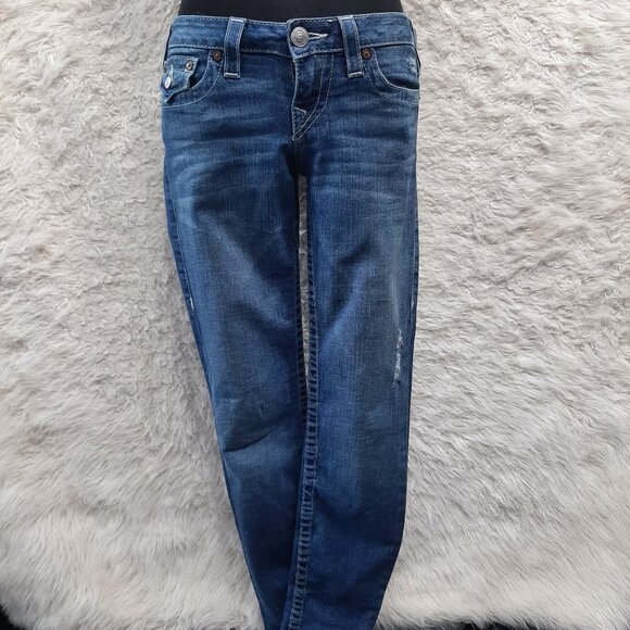 True Religion Women's Blue Skinny Flap Pocket Distressed Denim Jeans Size 26 - Picture 2 of 10